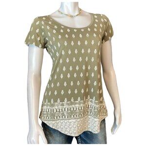 Lucky Brand  Green Off White Floral Boho Short Sleeve T-shirt Top S